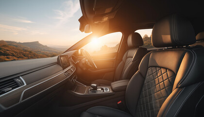 Close-up of clean, luxurious black leather car seats with sunlight streaming through the window.