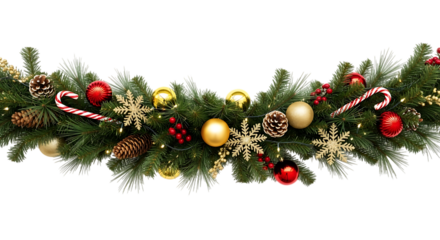 Christmas garland decoration with pinecones and ornaments isolated on transparent background