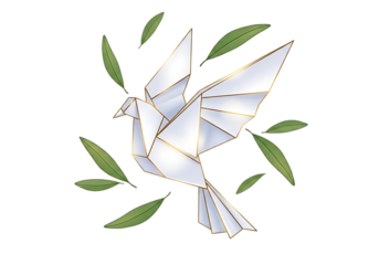 Origami dove flying with green leaves, isolated on transparent background