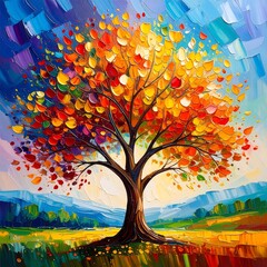 Vibrant tree in autumnal colors against a stylized landscape