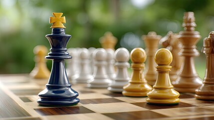 A vibrant king chess piece commands attention on a stylish chessboard surrounded by other pieces, highlighting strategic gameplay
