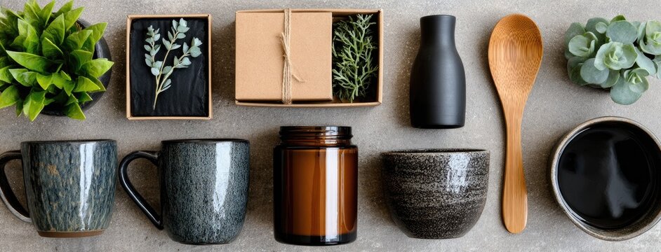Candle and two mugs arranged beautifully in a wooden gift box, complemented by straw accents and showcasing an earthy color palette