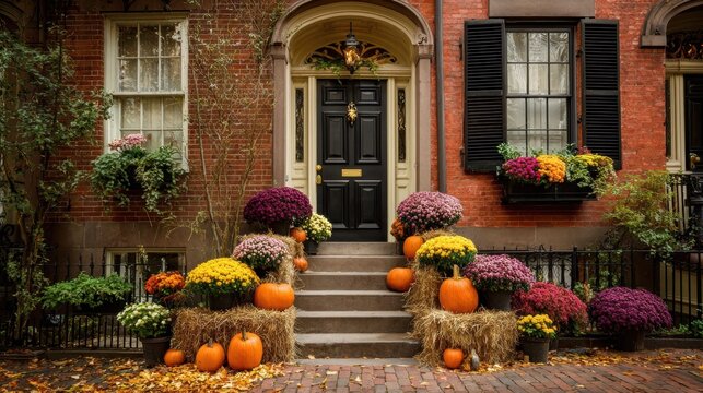 The entrance of the office with a Halloween theme displays pumpkins along with lively autumn flowers, amplifying the festive atmosphere idea of workplace decoration for the season.