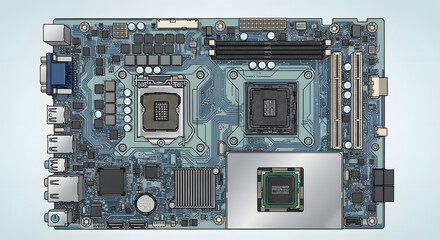 Fototapeta premium A detailed digital illustration of a complex dual-socket computer motherboard, showcasing its intricate circuitry and electronic components