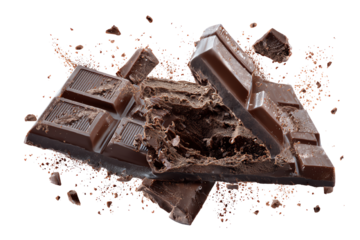 Delicious chocolate bar broken apart with flying cocoa pieces, isolated on a white background.
