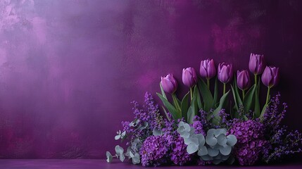Print media purple floral background with flat lay tulips eucalyptus on right, copy space minimalist high resolution, invitation card ready.