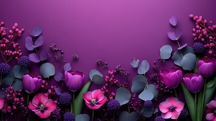 Natural plant theme purple background with tulips and eucalyptus flat lay on right, copy space minimalist style high resolution.