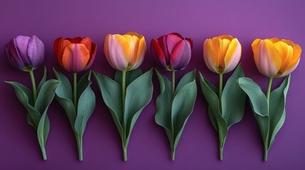 High resolution sharp focus purple background with flat lay tulips eucalyptus on right, copy space minimalist design, professional element.