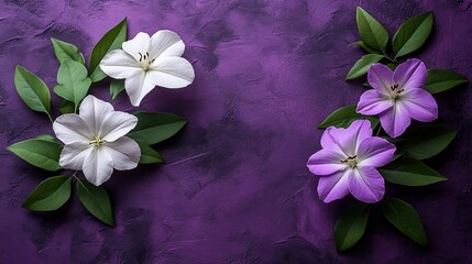 Social media ad background with minimalist purple floral flat lay on right, copy space high resolution sharp, text overlay ready.