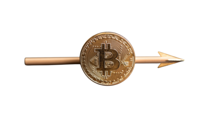 Digital representation of Bitcoin with an arrow, showcasing growth and investment in cryptocurrency, white isolated background.
