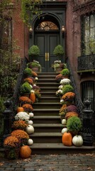 Naklejka premium The office staircase showcases Halloween-themed decorations including pumpkins and fall plants, establishing an autumnal atmosphere; this is the idea behind festive workplace aesthetics.
