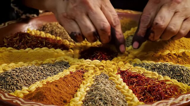 Close Up View of Diverse Spices Arranged on Terracotta Plate Rich Texture and Color Palette Aromatic Culinary Display Hands Skillfully Placing Spices Traditional Cooking Elements Overhead Shot