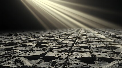 Lunar regolith transforming into geometric bricks under beams of concentrated sunlight.