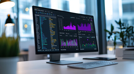 Modern computer monitor displaying colorful data visualizations and analytics in bright office environment, conveying innovation and technology