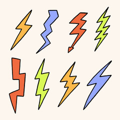 Retro Lightning Bolt Logo Collection. Comic Light Energy Flash Power Set. Vector Illustration