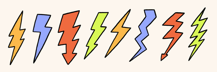 Retro Lightning Bolt Logo Set. Comic Light Energy Flash Power Set. Vector Illustration