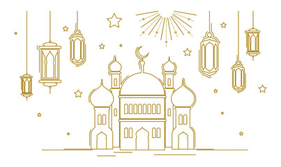 Muslim mosque, hanging lanterns. Crescent and stars. Lanterns hanging islamic decorations greeting card or poster design decoration. Vector horizontal banner, design in line art style