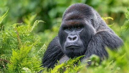 Obraz premium In the heart of a vibrant rainforest, a mountain gorilla exudes power as it rests among the dense foliage, its eyes burning with intensity and thought