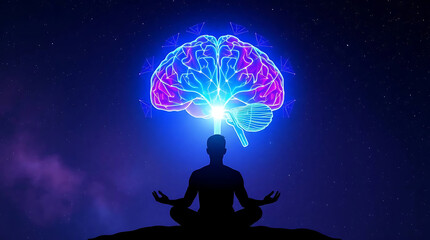 A silhouette of a person meditating with a glowing brain above, symbolizing the connection between mind and body in a cosmic setting, promoting mindfulness