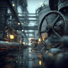 Rusty valve controlling industrial flow in oil refinery