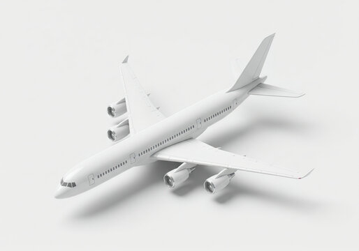 A 3D render image of a four-engine passenger aircraft seen from the side on a white background. Ideal for advertising and design.