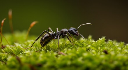 Black Ant on Vibrant Green Moss Closeup