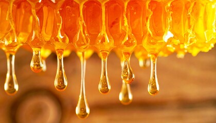 Close-up macro shot of liquid honey dripping from a honeycomb on a wooden surface