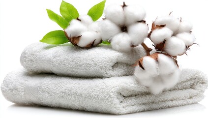 Soft white towels atop each other, with cotton bolls and leaves