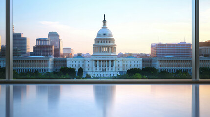 Obraz premium Image showcases stunning view of government building sunrise, with modern city skyline background. scene evokes sense of tranquility