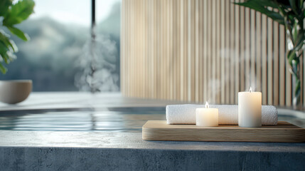Serene steam bath setting featuring candles, towels, and tranquil atmosphere. soft lighting and natural elements create relaxing environment