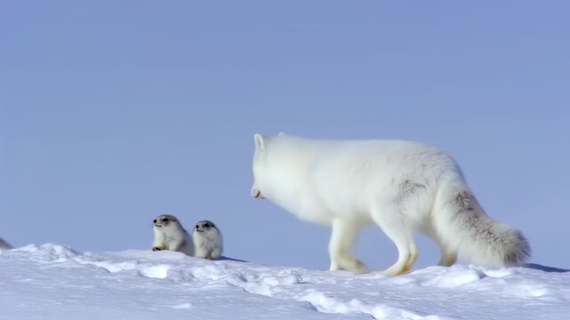 Intriguing encounter between an arctic fox and a lemming in the frozen tundra