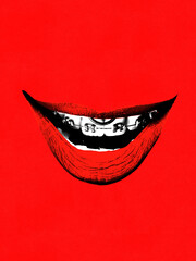 Graphic composition. Smiling red lips with metallic braces on vivid red background. Concept of youth culture, fashion design, identity, self-expression, pop art, and bold visual branding.