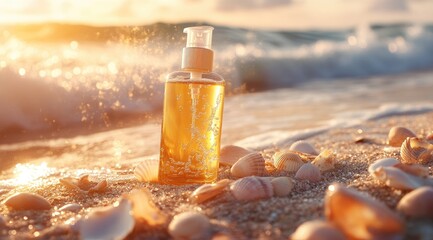 Golden serum bottle on beach at sunrise