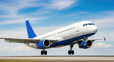 Obraz premium A passenger plane is descending for landing with its landing gear fully extended. The blue sky and clouds are in the background.