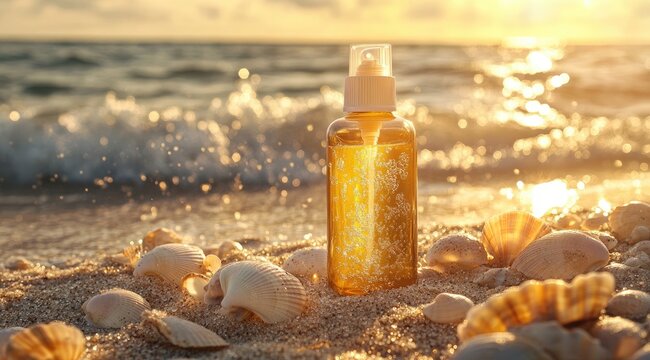 Suncare bottle on beach at sunset - Powered by Adobe