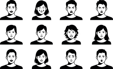 Diverse Monochrome Avatar Icons:  Expressions of Happiness, Sadness, and Anger.