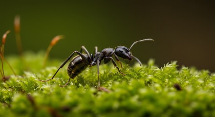 Close-up of a Black Ant on Vibrant Green Moss