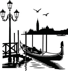 Silhouette of a Venetian gondola docked at a pier with a cityscape and street lamp.