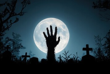 A zombie hand rising from the grave, with nighttime moonlight shining through the trees and fog, and crosses in the background, creating a horror-themed, scary, and detailed, hyper-realistic scene