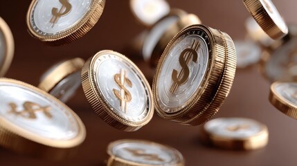 Golden coins float against a brown backdrop, showcasing a clean design with hyper-realistic visuals for a striking effect