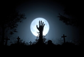 A zombie hand rising from the grave, with nighttime moonlight shining through the trees and fog, and crosses in the background, creating a horror-themed, scary, and detailed, hyper-realistic scene