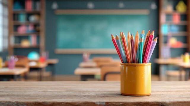 Colorful pencils in cup on school desk
