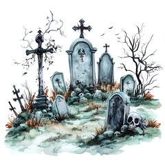 Watercolor haunted graveyard isolate white background