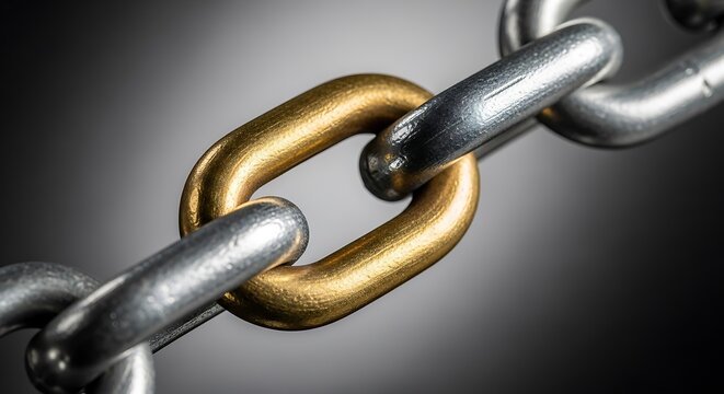 Closeup of a single gold link connecting two silver chain links, symbolizing strength and unity