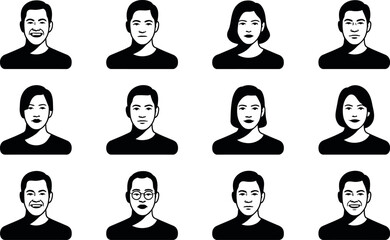 Diverse Asian Adult Avatar Icons:  Neutral, Happy, and Serious Expressions