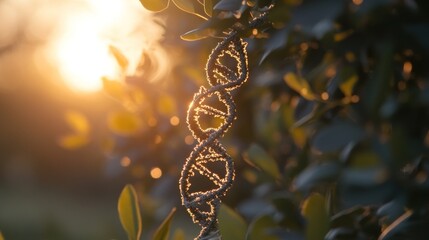 DNA strand model hanging amongst leaves illuminated by the setting sun's golden light