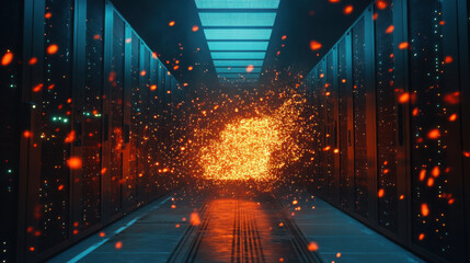 Illuminated server room with explosion of particles and a blue ceiling and dark server racks