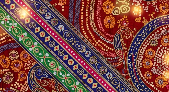 Vibrant indian textile with paisley, floral, and geometric patterns. Rich colors.