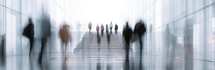 Abstract blurred motion of business people walking on a glass staircase in a modern office building, concept for human resources or a digital work environment.