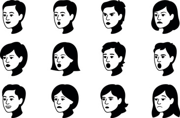 Twelve Simple Black and White Profile Icons: Diverse Facial Expressions